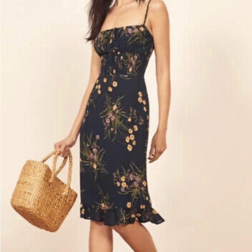 Reformation Genie Mademoiselle dress Navy floral Spaghetti Straps size 8